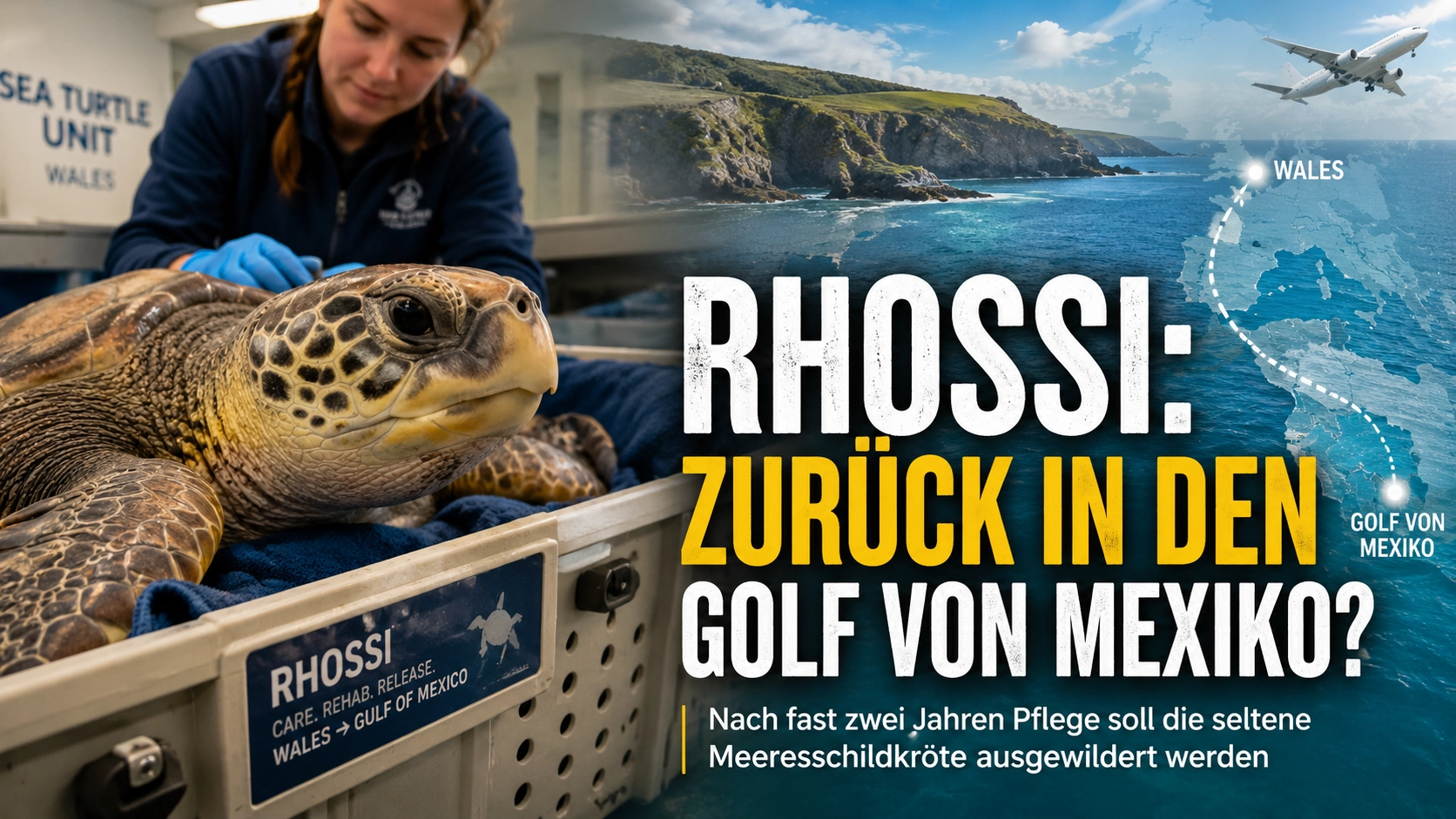 Atlantik-Bastardschildkröte Rhossi vor ihrer geplanten Rückkehr von Wales in den Golf von Mexiko.