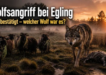 Wolfsangriff bei Egling: Ein Wolf steht im Vordergrund einer Moorfläche, während mehrere Schafe und ein gerissenes Tier im Morgenlicht zu sehen sind.