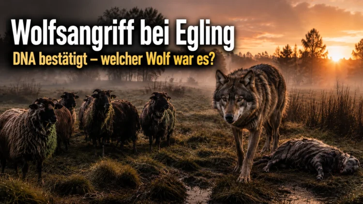 Wolfsangriff bei Egling genetisch bestätigt – welcher Wolf es war, bleibt offen 32 Wolfsangriff bei Egling: Ein Wolf steht im Vordergrund einer Moorfläche, während mehrere Schafe und ein gerissenes Tier im Morgenlicht zu sehen sind.