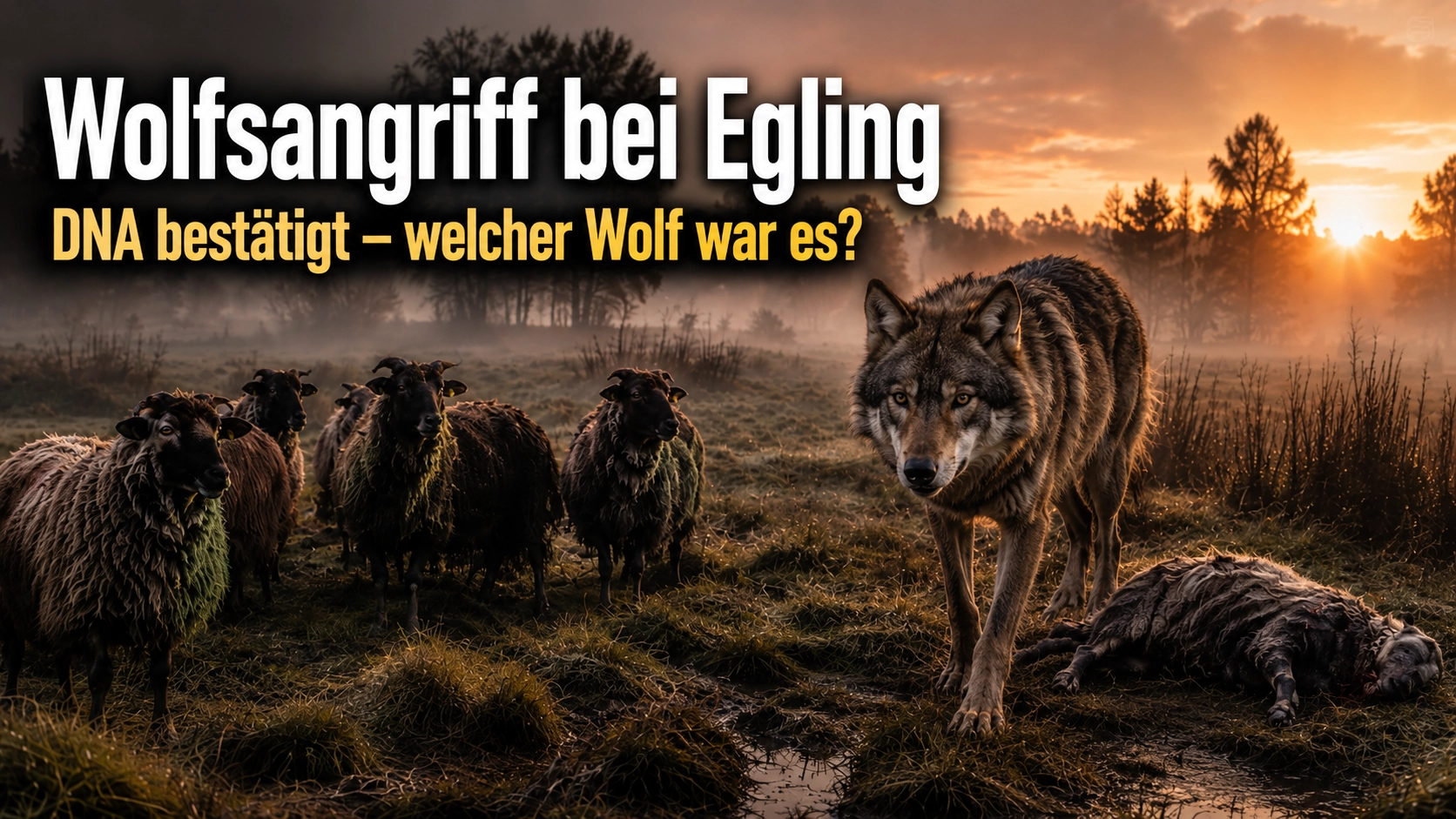 Wolfsangriff bei Egling: Ein Wolf steht im Vordergrund einer Moorfläche, während mehrere Schafe und ein gerissenes Tier im Morgenlicht zu sehen sind.