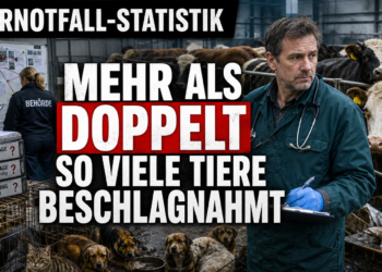 Ein Veterinär dokumentiert eine Tierbeschlagnahmung in einer provisorischen Unterbringung aufgrund von Tierschutzverstößen.