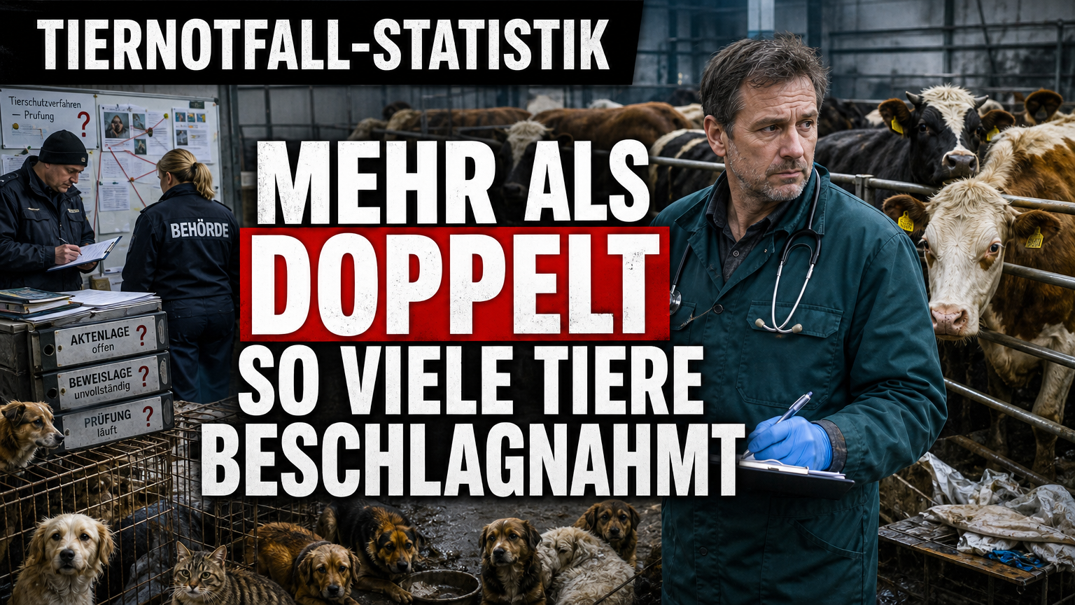 Ein Veterinär dokumentiert eine Tierbeschlagnahmung in einer provisorischen Unterbringung aufgrund von Tierschutzverstößen.