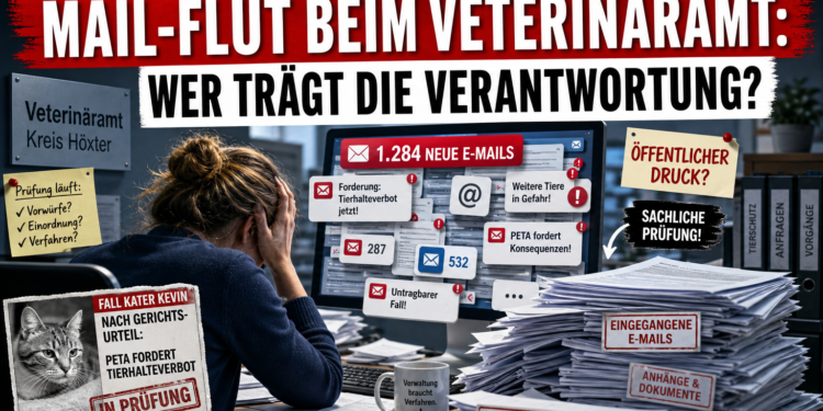 Ein überlasteter Schreibtisch im Veterinäramt Kreis Höxter symbolisiert die Mailflut im Fall Tierhalteverbot Kater Kevin.
