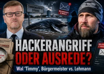 Bürgermeister Timmendorfer Strand Ermittlungen: Titelbild mit Bürgermeister, Robert Marc Lehmann, Wal Timmy, E-Mails und Hackerangriff-Symbolik.