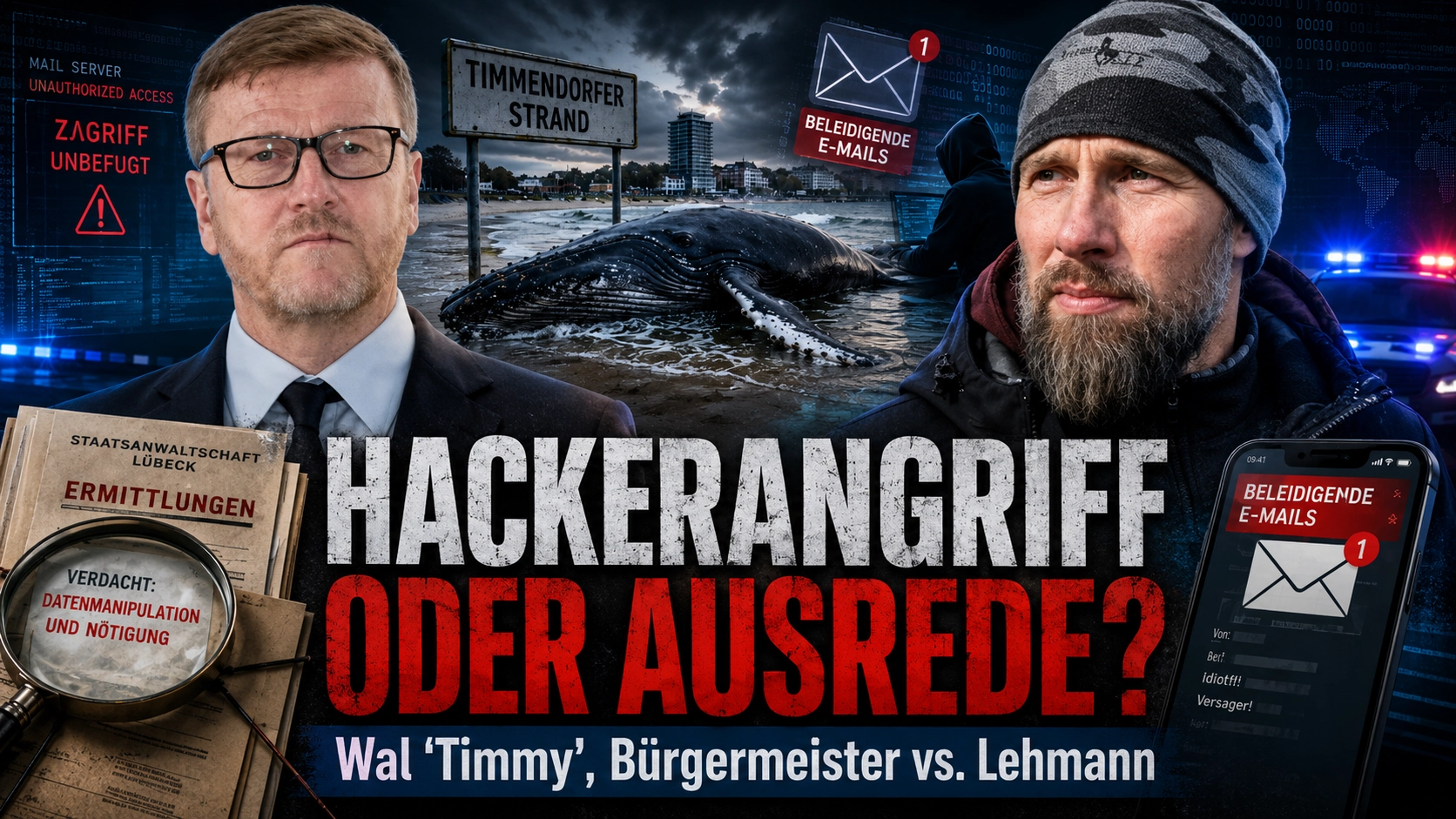 Bürgermeister Timmendorfer Strand Ermittlungen: Titelbild mit Bürgermeister, Robert Marc Lehmann, Wal Timmy, E-Mails und Hackerangriff-Symbolik.