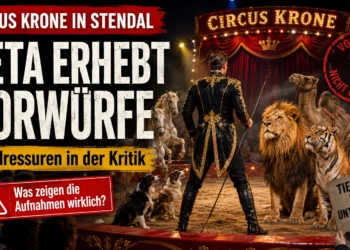 Titelbild zu Circus Krone in Stendal mit Manege, Dompteur, Löwe, Tiger, Pferden, Hunden und Kamelen sowie dem Hinweis auf PETAs Vorwürfe gegen Tierdressuren.