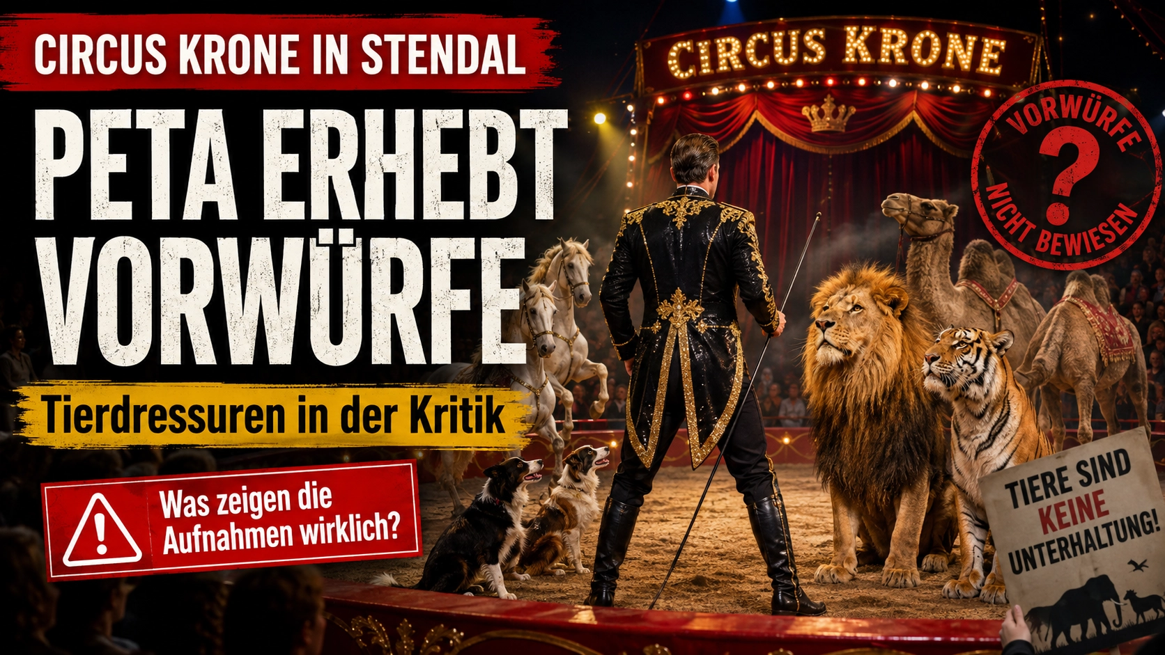 Titelbild zu Circus Krone in Stendal mit Manege, Dompteur, Löwe, Tiger, Pferden, Hunden und Kamelen sowie dem Hinweis auf PETAs Vorwürfe gegen Tierdressuren.
