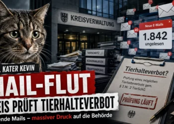Kater Kevin Tierhalteverbot: Kreis Höxter prüft Verbot nach PETA-Mailflut 16 Titelbild zum Fall Kater Kevin Tierhalteverbot: Eine Katze vor der Kreisverwaltung, dazu E-Mail-Symbole und ein Dokument zur laufenden Prüfung eines Tierhalteverbots.