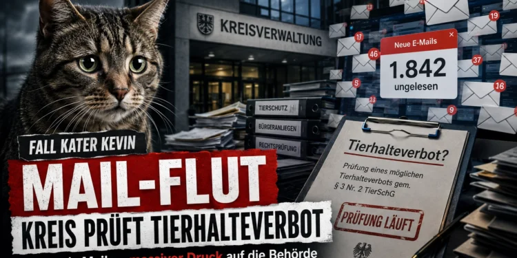 Kater Kevin Tierhalteverbot: Kreis Höxter prüft Verbot nach PETA-Mailflut 11 Titelbild zum Fall Kater Kevin Tierhalteverbot: Eine Katze vor der Kreisverwaltung, dazu E-Mail-Symbole und ein Dokument zur laufenden Prüfung eines Tierhalteverbots.