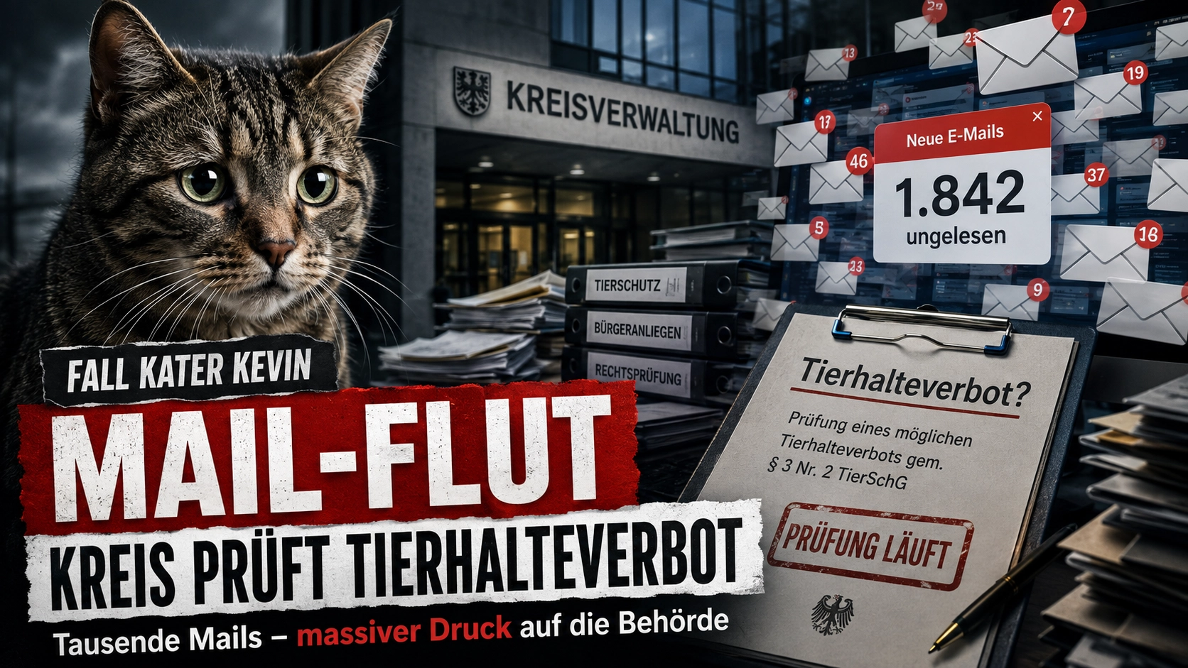 Titelbild zum Fall Kater Kevin Tierhalteverbot: Eine Katze vor der Kreisverwaltung, dazu E-Mail-Symbole und ein Dokument zur laufenden Prüfung eines Tierhalteverbots.