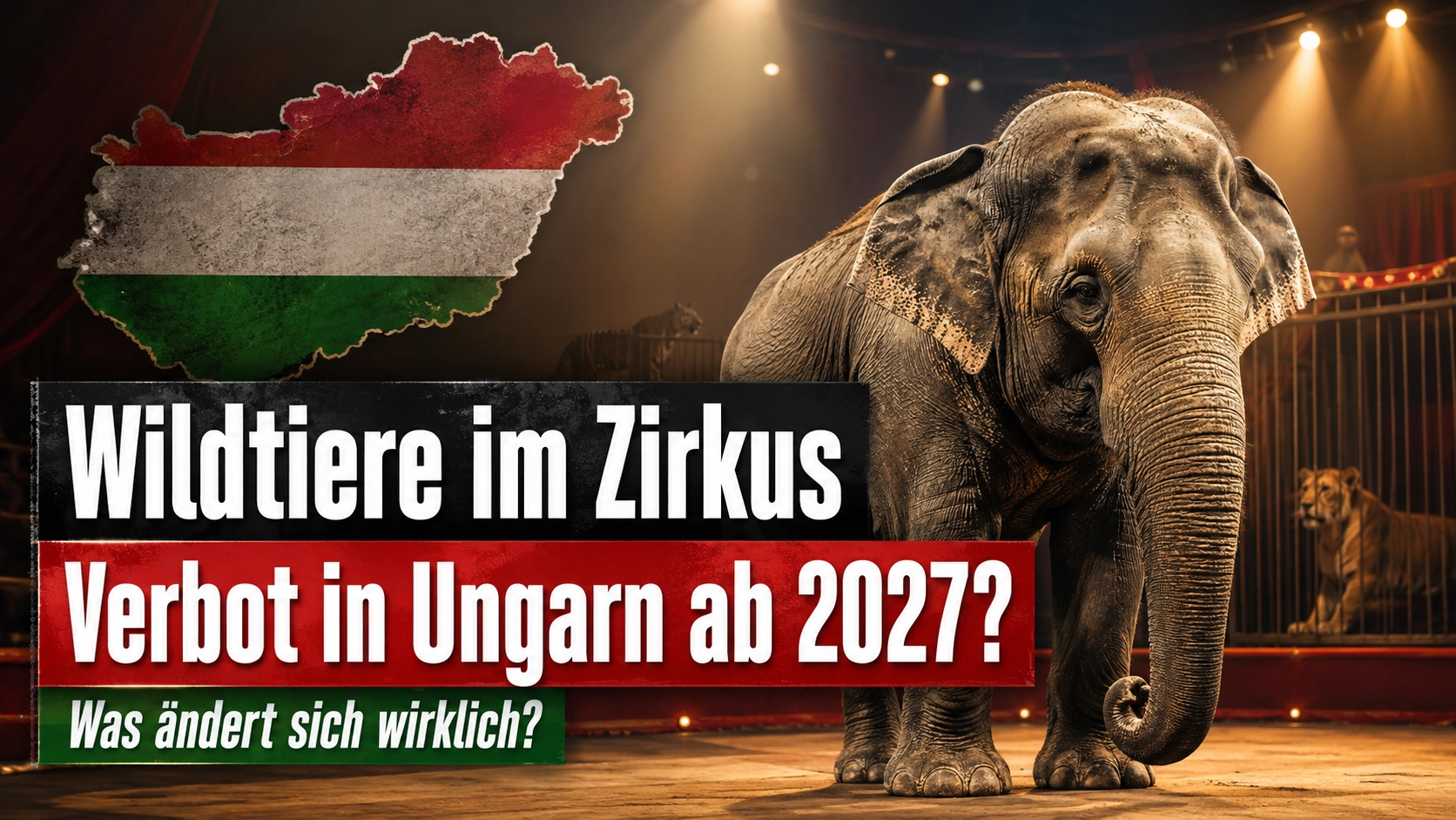 Wildtiere im Zirkus Ungarn: Titelbild mit Elefant in einer Zirkusmanege, Ungarn-Karte und Hinweis auf das geplante Verbot ab 2027.