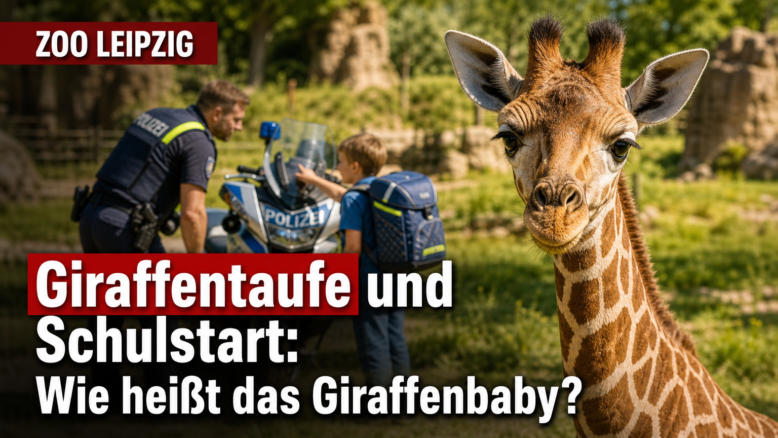 Ein junges Rothschildgiraffen-Kalb in der Kiwara-Savanne bei der Zoo Leipzig Giraffentaufe.