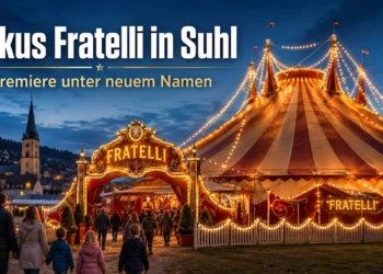 Zirkus Fratelli in Suhl: Premiere unter neuem Namen 14 Titelbild zu Zirkus Fratelli in Suhl mit beleuchtetem Zirkuszelt am Abend und Besuchern vor der Premiere unter neuem Namen.