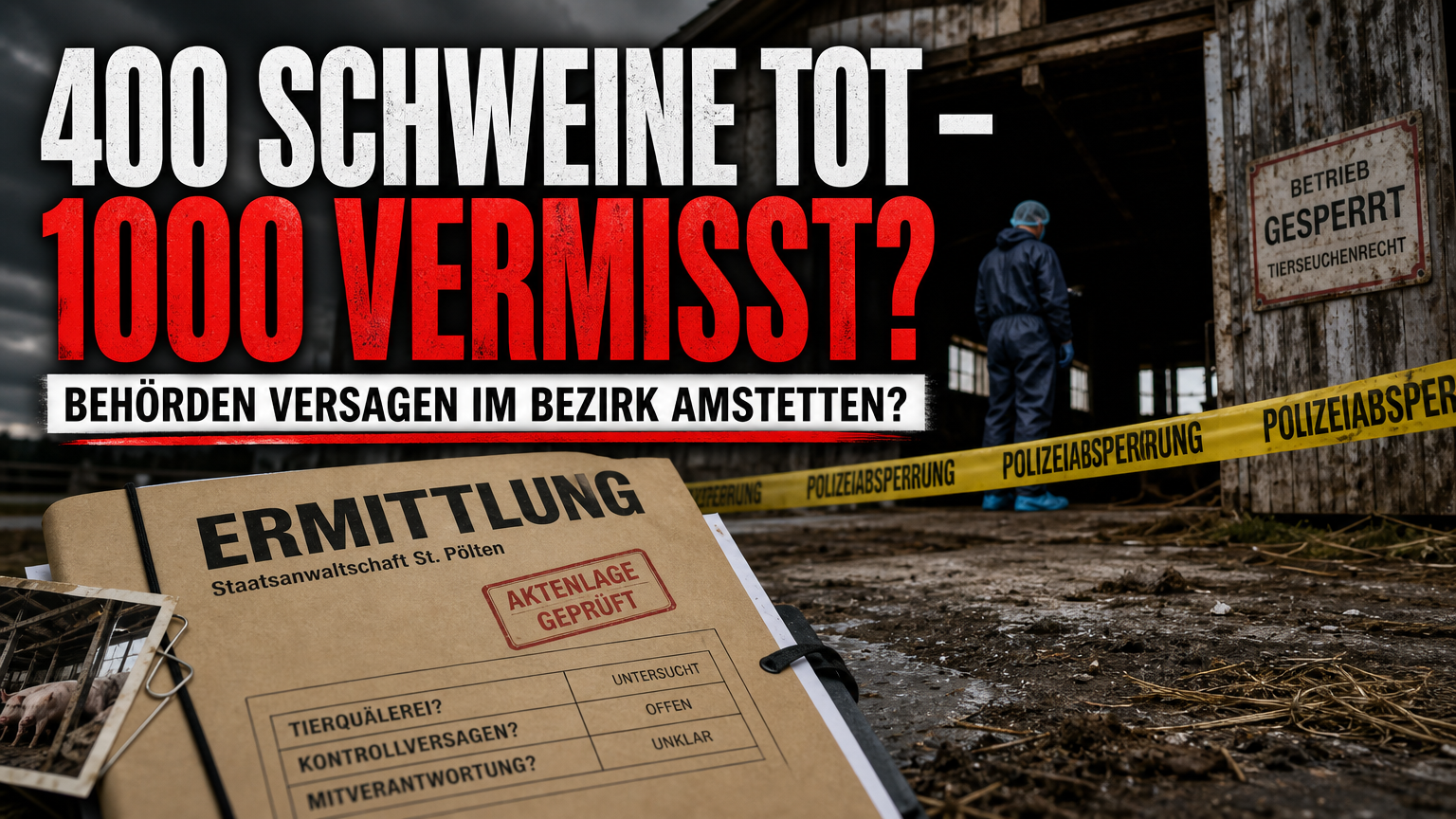 Polizeiliche Absperrung und Ermittlungsunterlagen vor einem Schweinemastbetrieb im Fall der tote Schweine Amstetten.