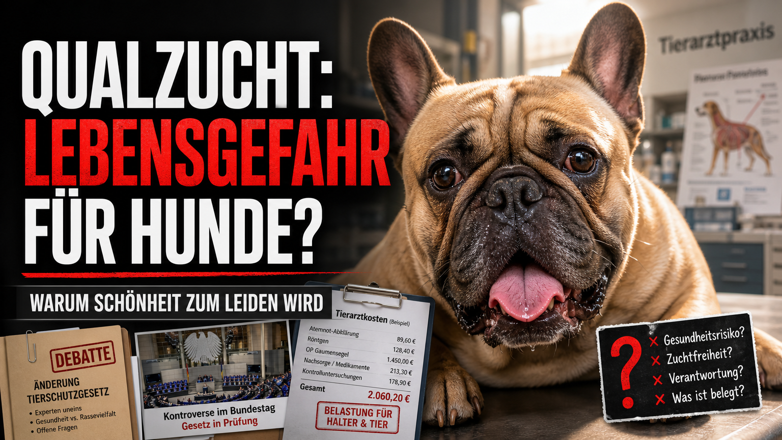 Eine kurzköpfige Französische Bulldogge in einer Tierarztpraxis als Symbol für die gesundheitlichen Folgen der Qualzucht bei Haustieren.