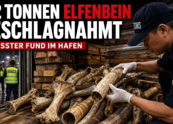 Zollbeamte bei der Untersuchung von beschlagnahmtem Elfenbeinschmuggel im Hafen von Quy Nhon