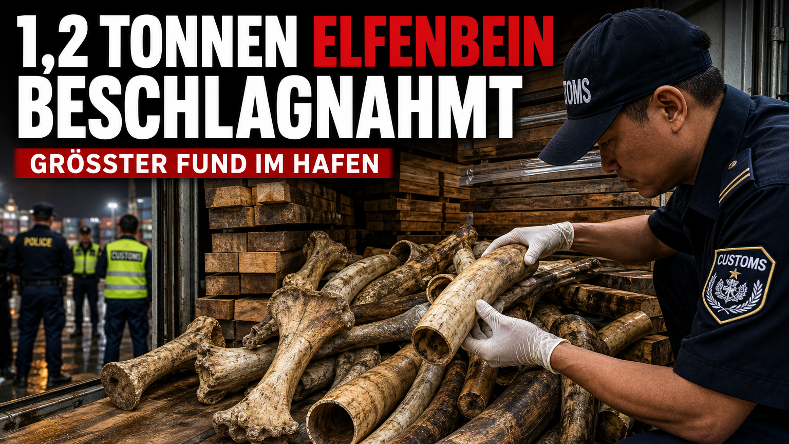 Zollbeamte bei der Untersuchung von beschlagnahmtem Elfenbeinschmuggel im Hafen von Quy Nhon