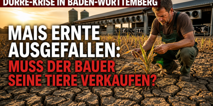 Dürre Milchviehhaltung Baden-Württemberg: Landwirt betrachtet auf einem ausgetrockneten Feld die Folgen der Dürre in der Milchviehhaltung in Baden-Württemberg.