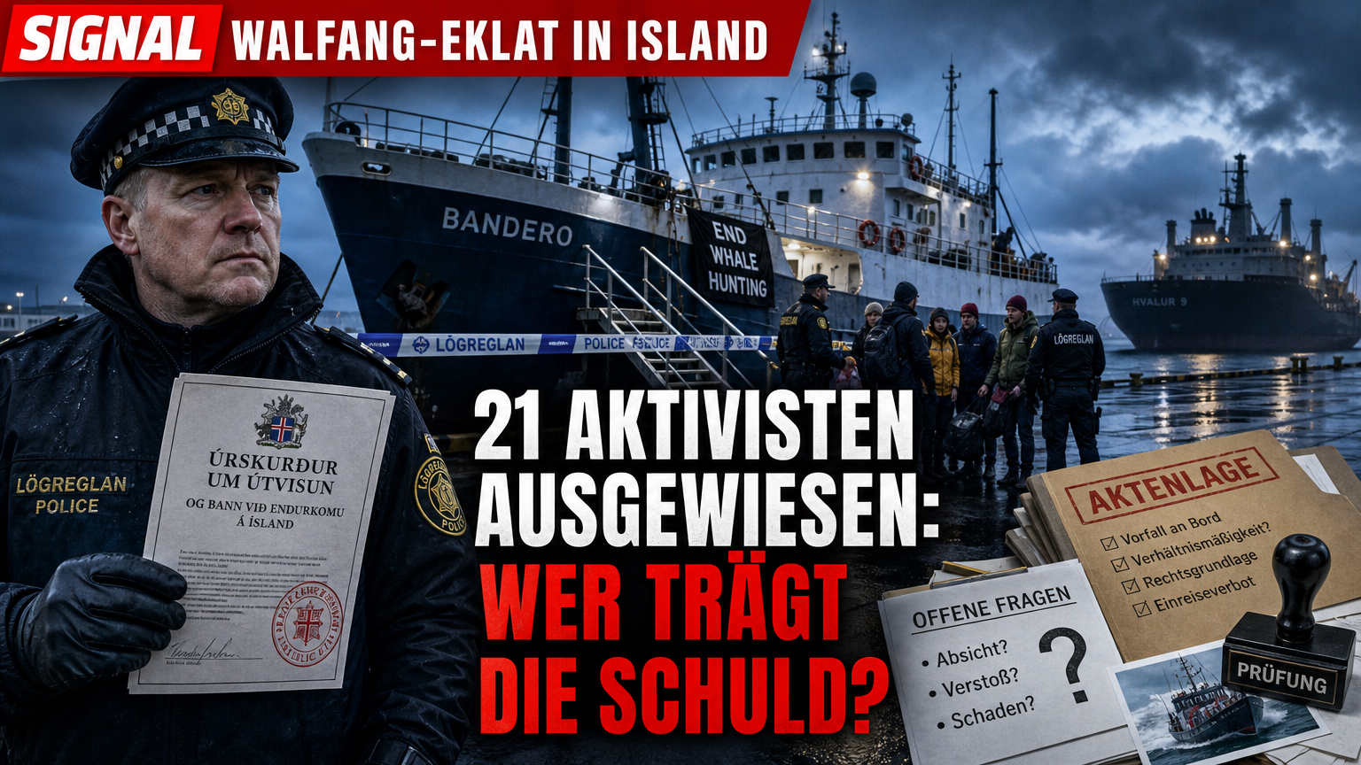 Island weist 21 Walfang-Aktivisten aus: Isländische Behörden bei der Kontrolle nach dem Vorfall, bei dem Island 21 Walfang-Aktivisten ausweist.