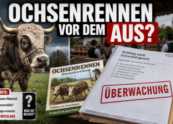 PETA will Ochsenrennen in Steinkirchen stoppen – Veterinäramt sieht keinen Grund für generelles Verbot 13 Ein offizielles Dokument zur Überwachung liegt neben einem Flyer für das Ochsenrennen in Steinkirchen, während im Hintergrund ein Ochse auf einer Weide zu sehen ist.