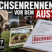 Ein offizielles Dokument zur Überwachung liegt neben einem Flyer für das Ochsenrennen in Steinkirchen, während im Hintergrund ein Ochse auf einer Weide zu sehen ist.