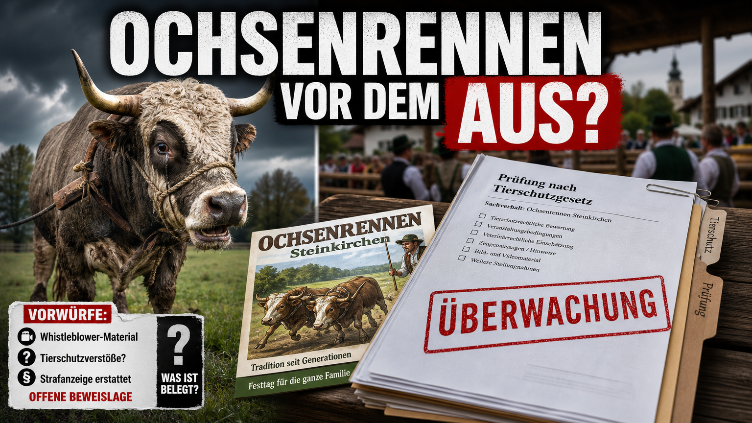 Ein offizielles Dokument zur Überwachung liegt neben einem Flyer für das Ochsenrennen in Steinkirchen, während im Hintergrund ein Ochse auf einer Weide zu sehen ist.