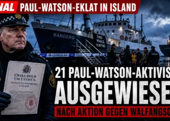 Island weist 21 Aktivisten der Captain Paul Watson Foundation nach Aktion gegen Walfangschiff aus 14 Island schiebt 21 Aktivisten ab: Dramatisches Titelbild mit isländischer Polizei, dem Schiff Bandero und dem Walfangschiff Hvalur 9 im Hafen.