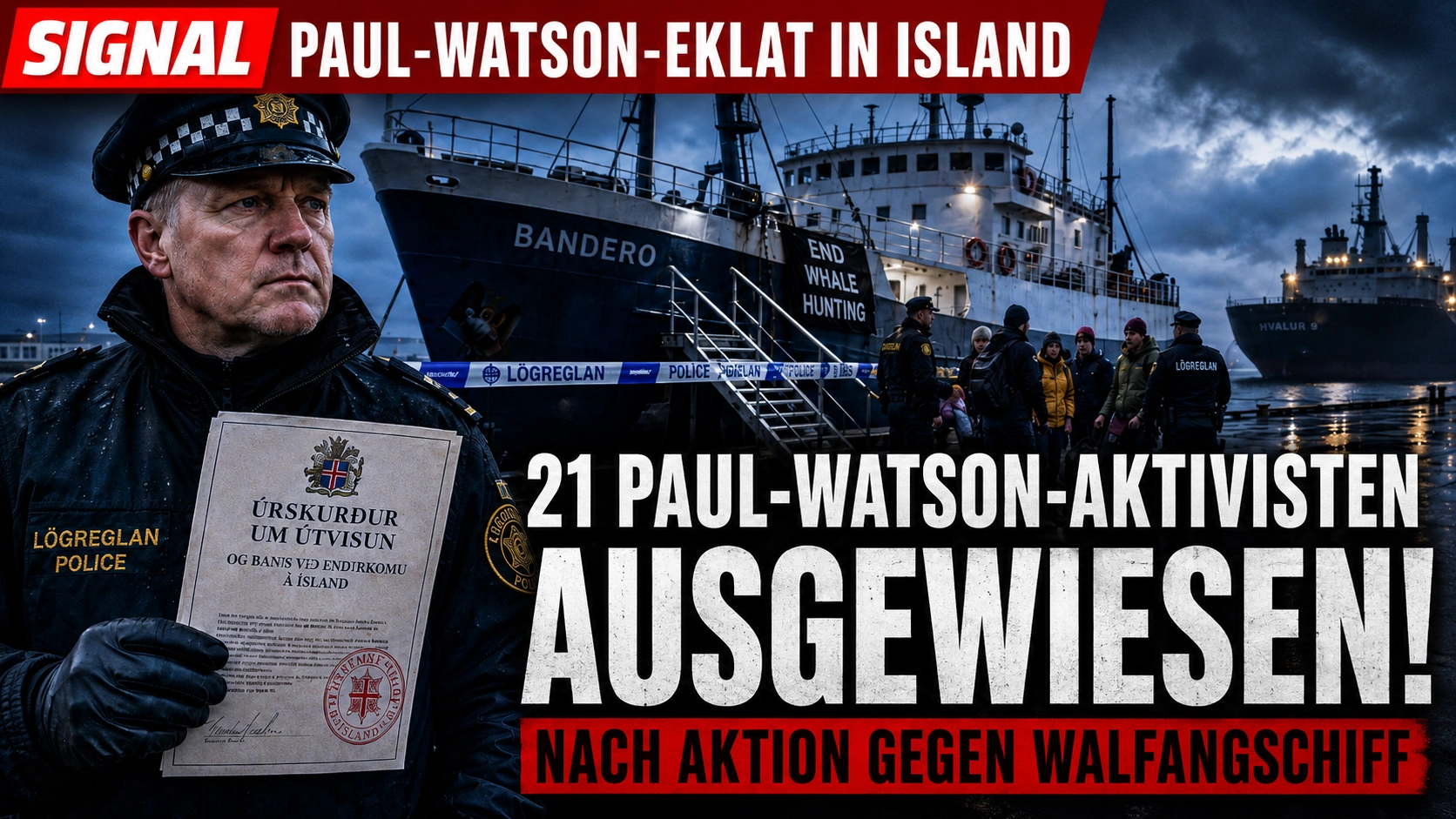 Island schiebt 21 Aktivisten ab: Dramatisches Titelbild mit isländischer Polizei, dem Schiff Bandero und dem Walfangschiff Hvalur 9 im Hafen.