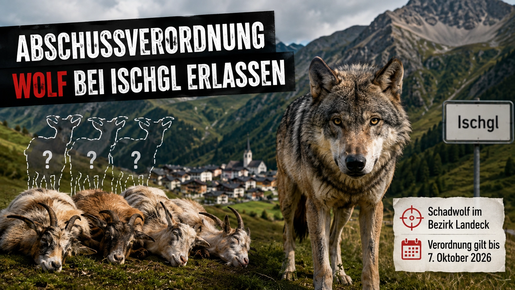 Abschussverordnung Wolf Ischgl: Wolf und Ziegen vor alpiner Kulisse im Bezirk Landeck in Tirol.
