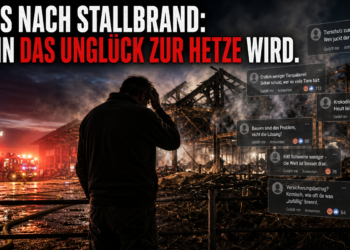 Nach Großbrand mit 1300 toten Schweinen: Hasskommentare nach Stallbrand in Merching gegen den Landwirt 14 Ein Landwirt steht vor den Ruinen seines abgebrannten Stalls, während digitale Sprechblasen Hasskommentare gegen Landwirt nach Großbrand symbolisieren.