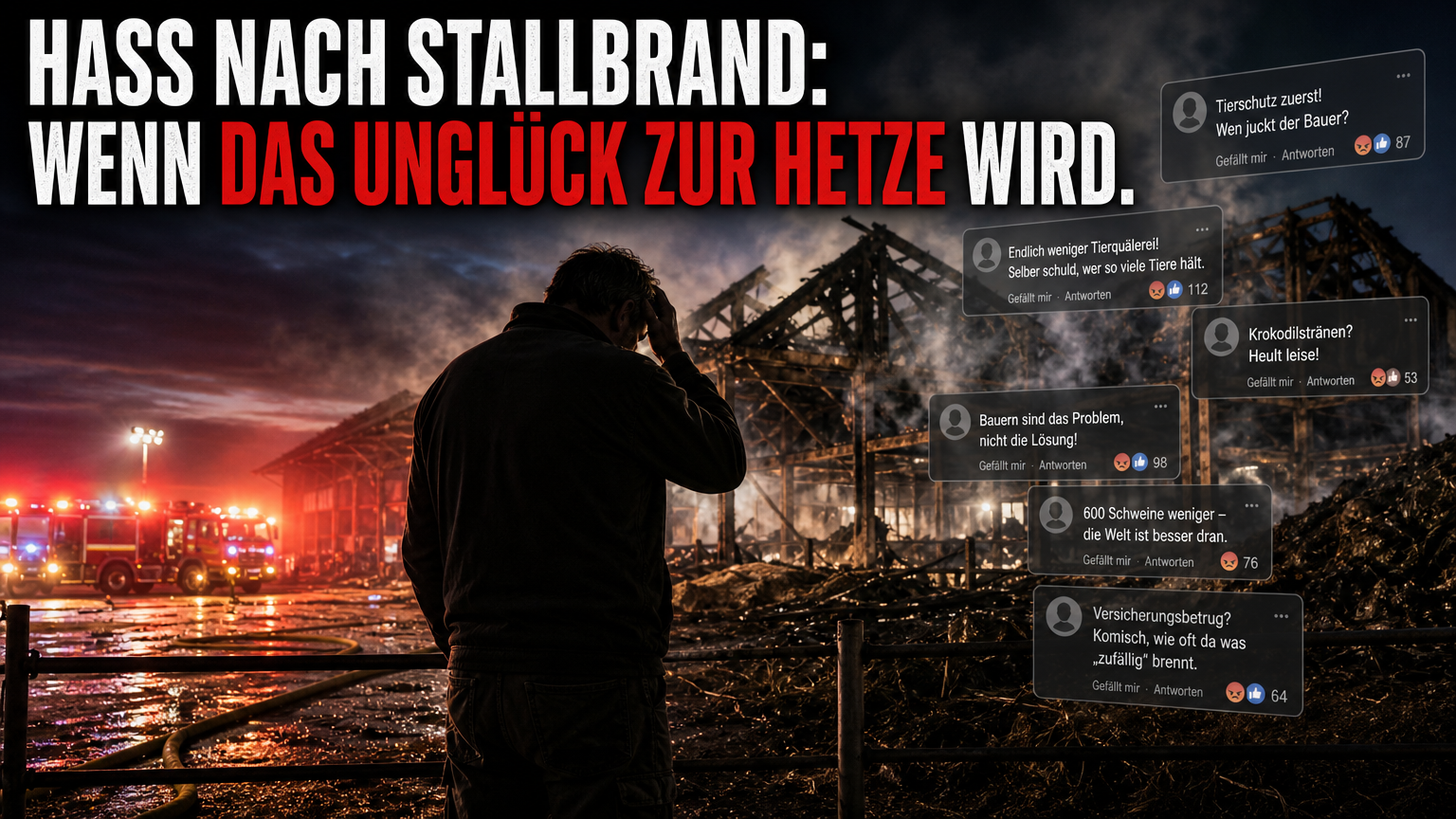 Ein Landwirt steht vor den Ruinen seines abgebrannten Stalls, während digitale Sprechblasen Hasskommentare gegen Landwirt nach Großbrand symbolisieren.