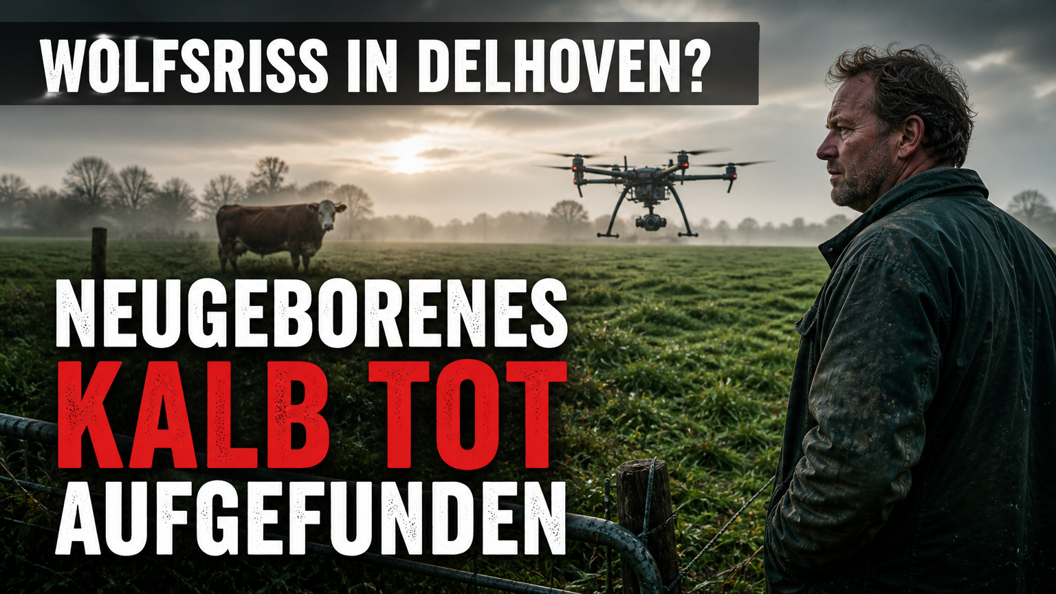 Ein besorgter Landwirt auf einer nebligen Weide bei der Suche nach der Ursache für den Wolfsverdacht nach Kalbtod in Dormagen.