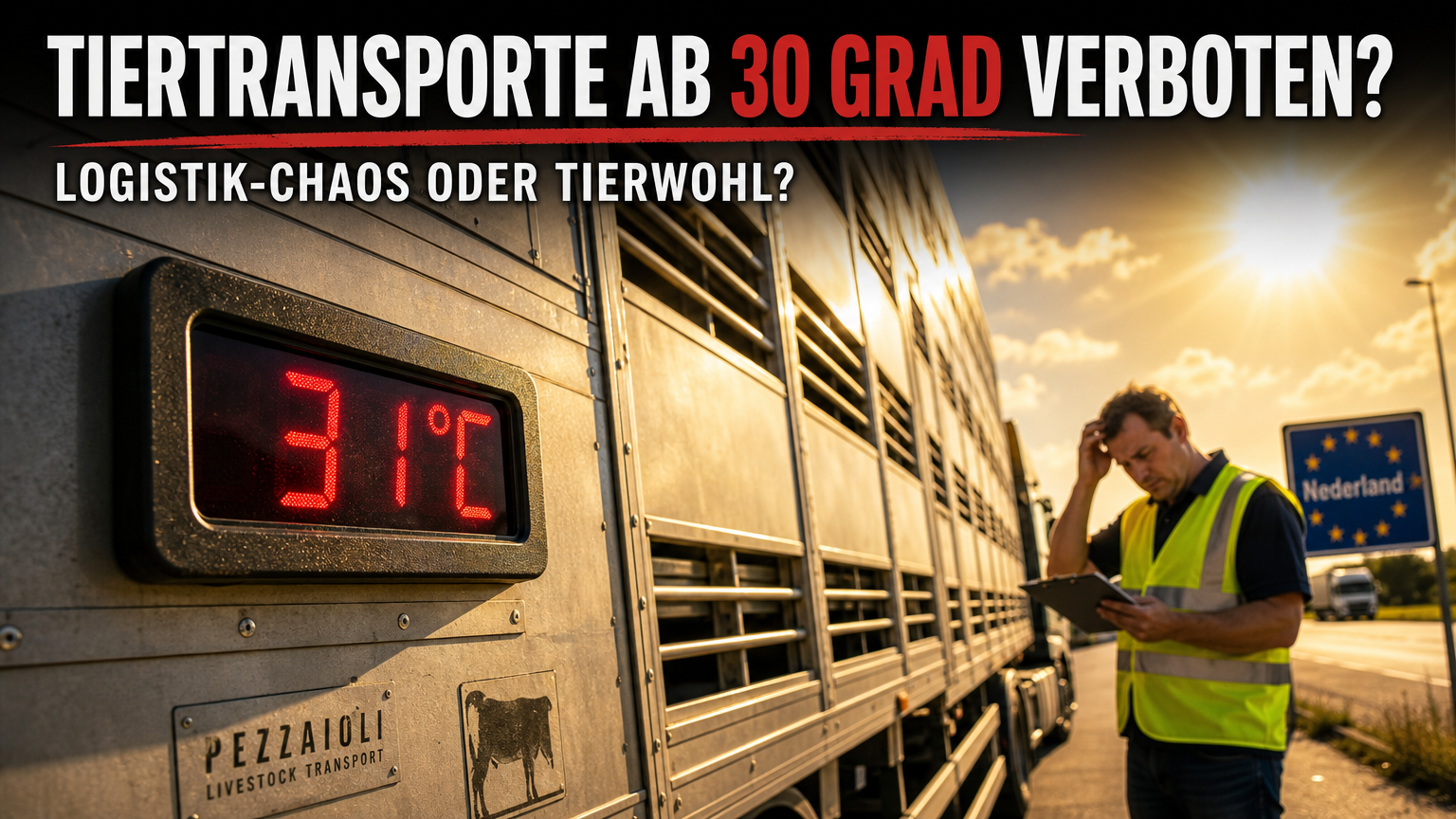 Ein Viehtransporter bei Hitze in den Niederlanden, wo Tiertransporte in den Niederlanden ab 30 Grad 2027 verboten werden.