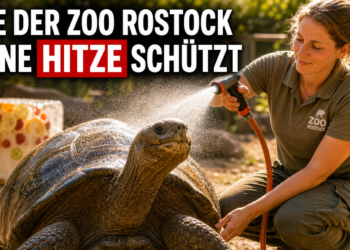 Ein Tierpfleger führt Hitzeschutzmaßnahmen im Zoo Rostock durch, indem er eine Galapagos-Riesenschildkröte mit Wasser abkühlt.