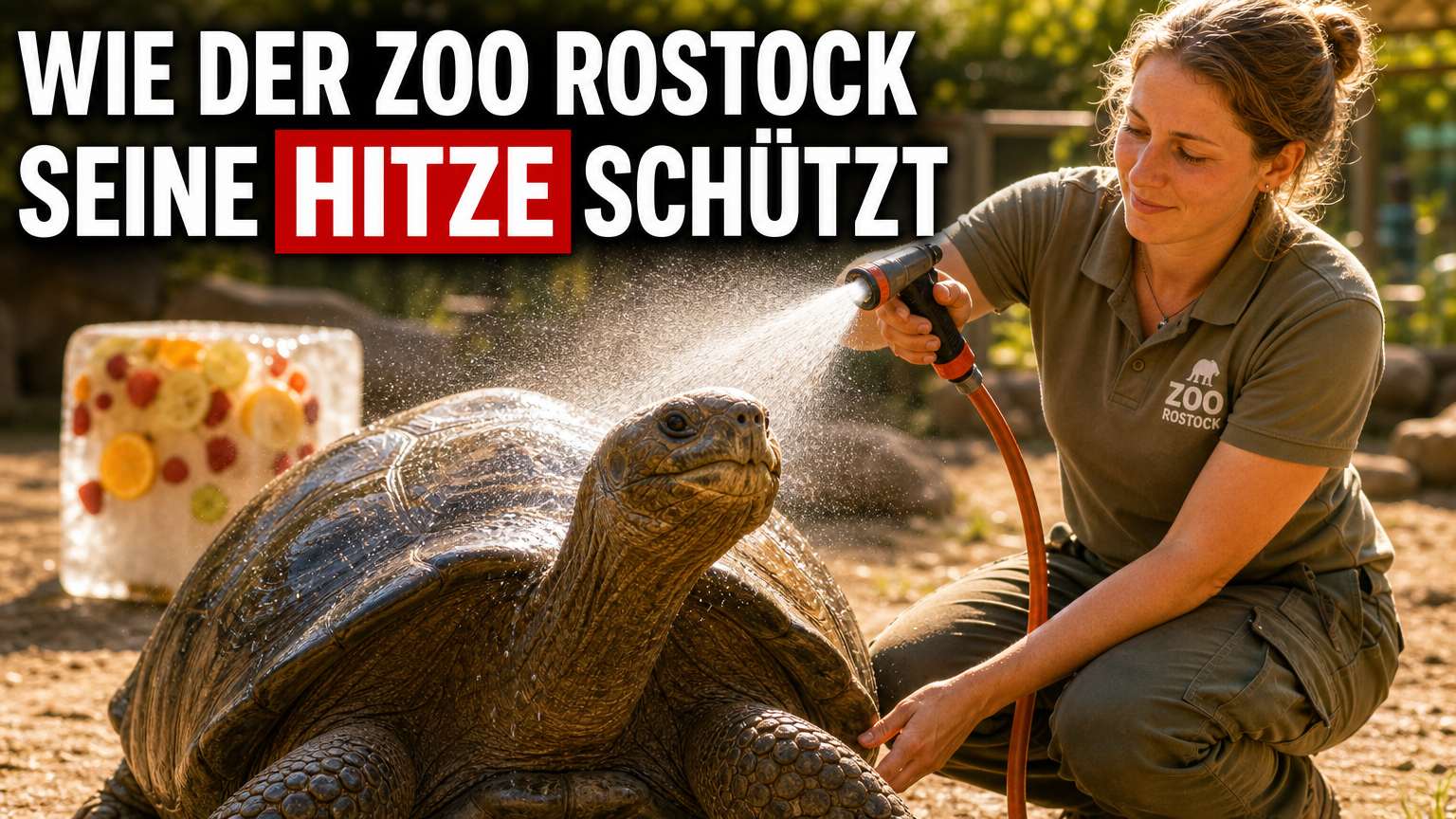 Ein Tierpfleger führt Hitzeschutzmaßnahmen im Zoo Rostock durch, indem er eine Galapagos-Riesenschildkröte mit Wasser abkühlt.