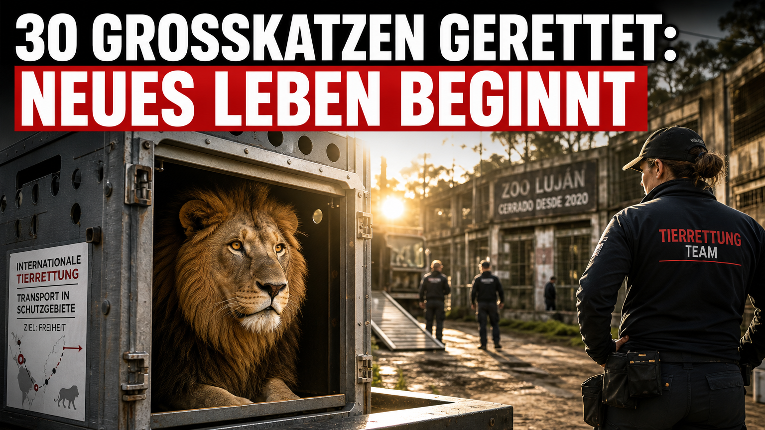 Umsiedlung von 30 Großkatzen aus ehemaligem Zoo Luján begonnen 1 Ein Löwe in einer Transportbox während der Umsiedlung von 30 Großkatzen aus Zoo Luján durch Vier Pfoten.