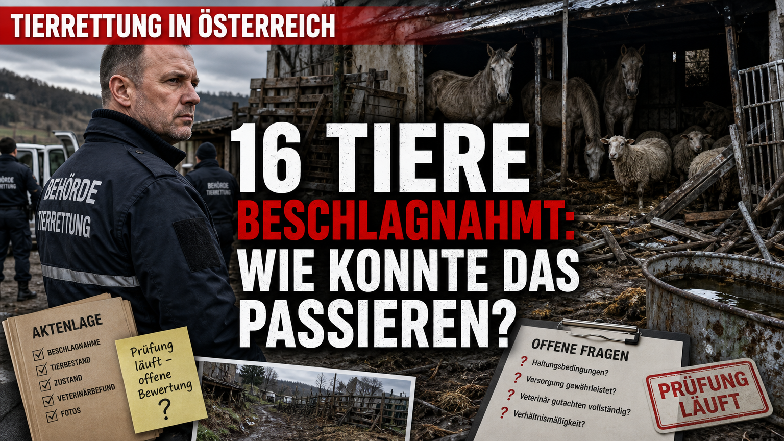 Behördlicher Einsatz bei der Beschlagnahmung von Pferden und Schafen im Burgenland auf einem verwahrlosten Anwesen.