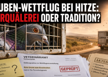 Memmingen: PETA zum geplanten Wettflug mit 900 Brieftauben bei Hitze 12 Eine Brieftaube in einer Transportkiste vor einem Dokument des Veterinäramts als Symbol für die PETA-Kritik am Brieftauben-Wettflug in Memmingen.