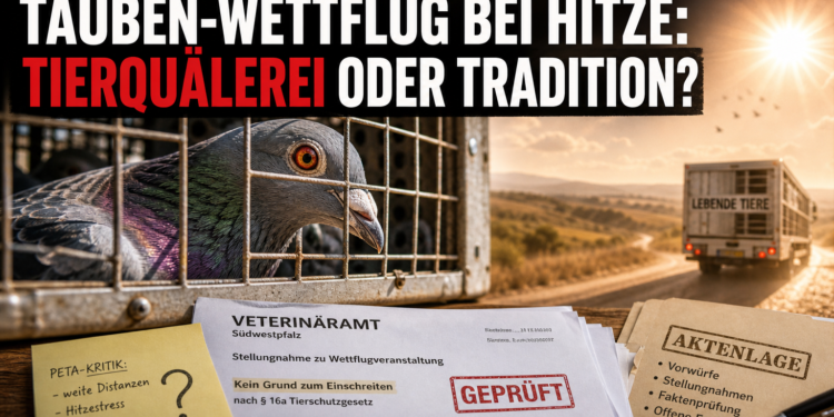 Eine Brieftaube in einer Transportkiste vor einem Dokument des Veterinäramts als Symbol für die PETA-Kritik am Brieftauben-Wettflug in Memmingen.