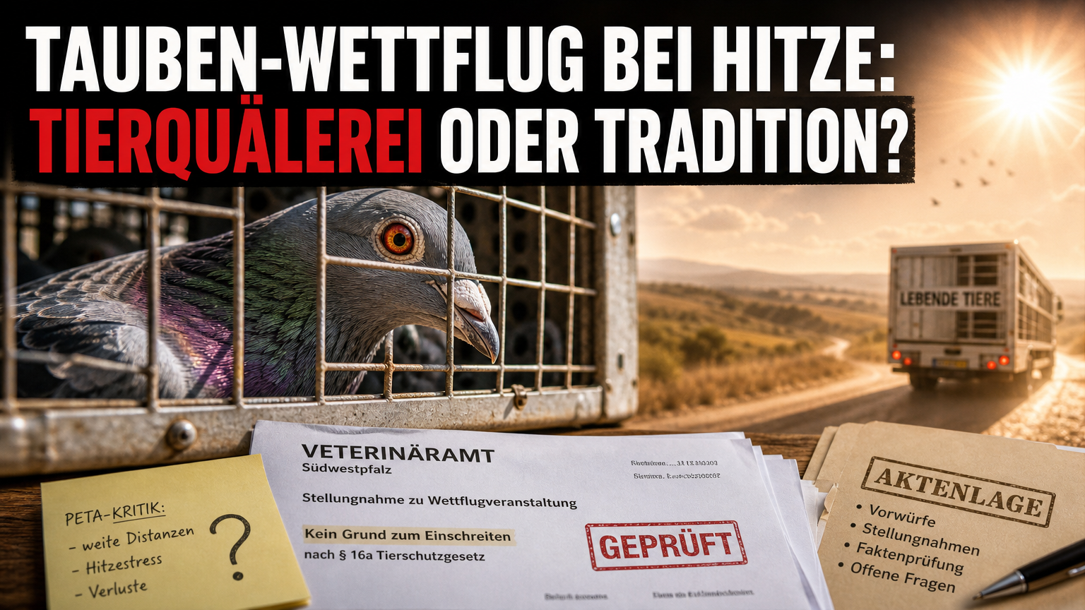 Memmingen: PETA zum geplanten Wettflug mit 900 Brieftauben bei Hitze 1 Eine Brieftaube in einer Transportkiste vor einem Dokument des Veterinäramts als Symbol für die PETA-Kritik am Brieftauben-Wettflug in Memmingen.
