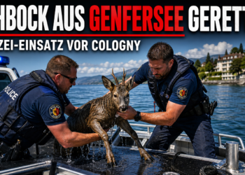 Polizeibeamte bei der Rettung, als ein Rehbock im Genfersee gerettet wird.