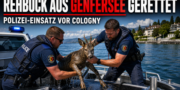 Rehbock schwimmt 500 Meter in den Genfersee – Seepolizei rettet erschöpftes Tier 11 Polizeibeamte bei der Rettung, als ein Rehbock im Genfersee gerettet wird.