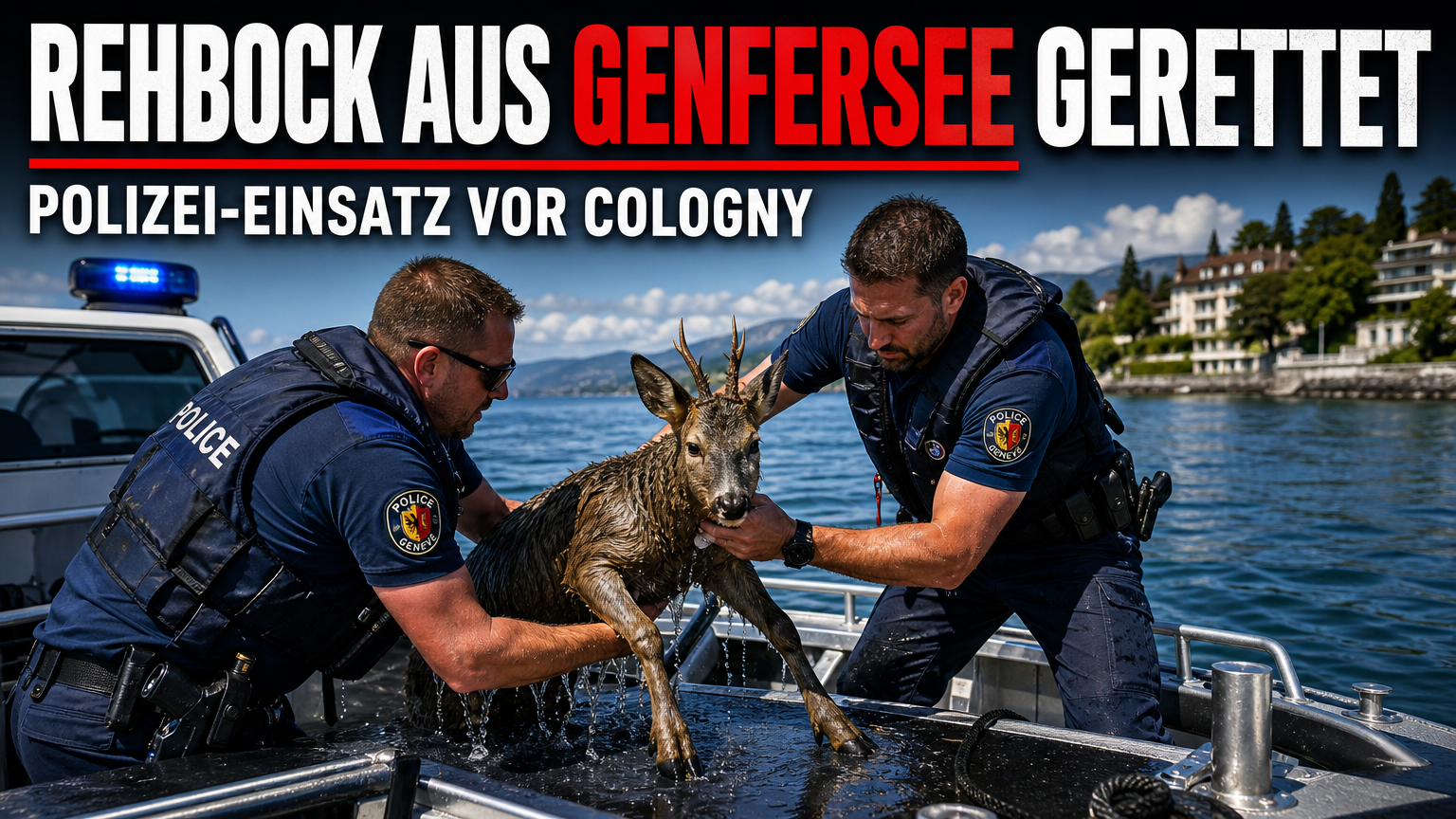 Rehbock schwimmt 500 Meter in den Genfersee – Seepolizei rettet erschöpftes Tier 1 Polizeibeamte bei der Rettung, als ein Rehbock im Genfersee gerettet wird.
