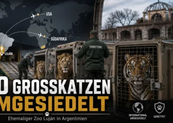Umsiedlung von 30 Großkatzen aus ehemaligem Zoo Luján: Löwen und Tiger werden für den Transport in die USA und nach Südafrika vorbereitet.