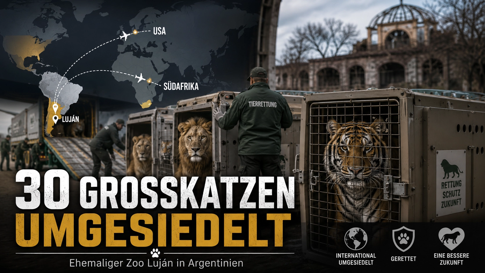 Umsiedlung von 30 Großkatzen aus ehemaligem Zoo Luján begonnen 1 Umsiedlung von 30 Großkatzen aus ehemaligem Zoo Luján: Löwen und Tiger werden für den Transport in die USA und nach Südafrika vorbereitet.
