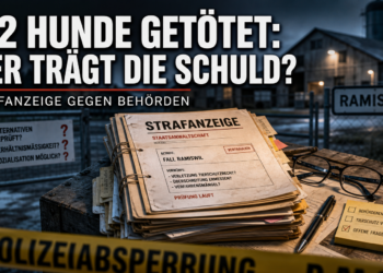 Offizielle Dokumente zur Strafanzeige im Fall Ramiswil auf einer Holzkiste vor einem abgesperrten Hofgelände.