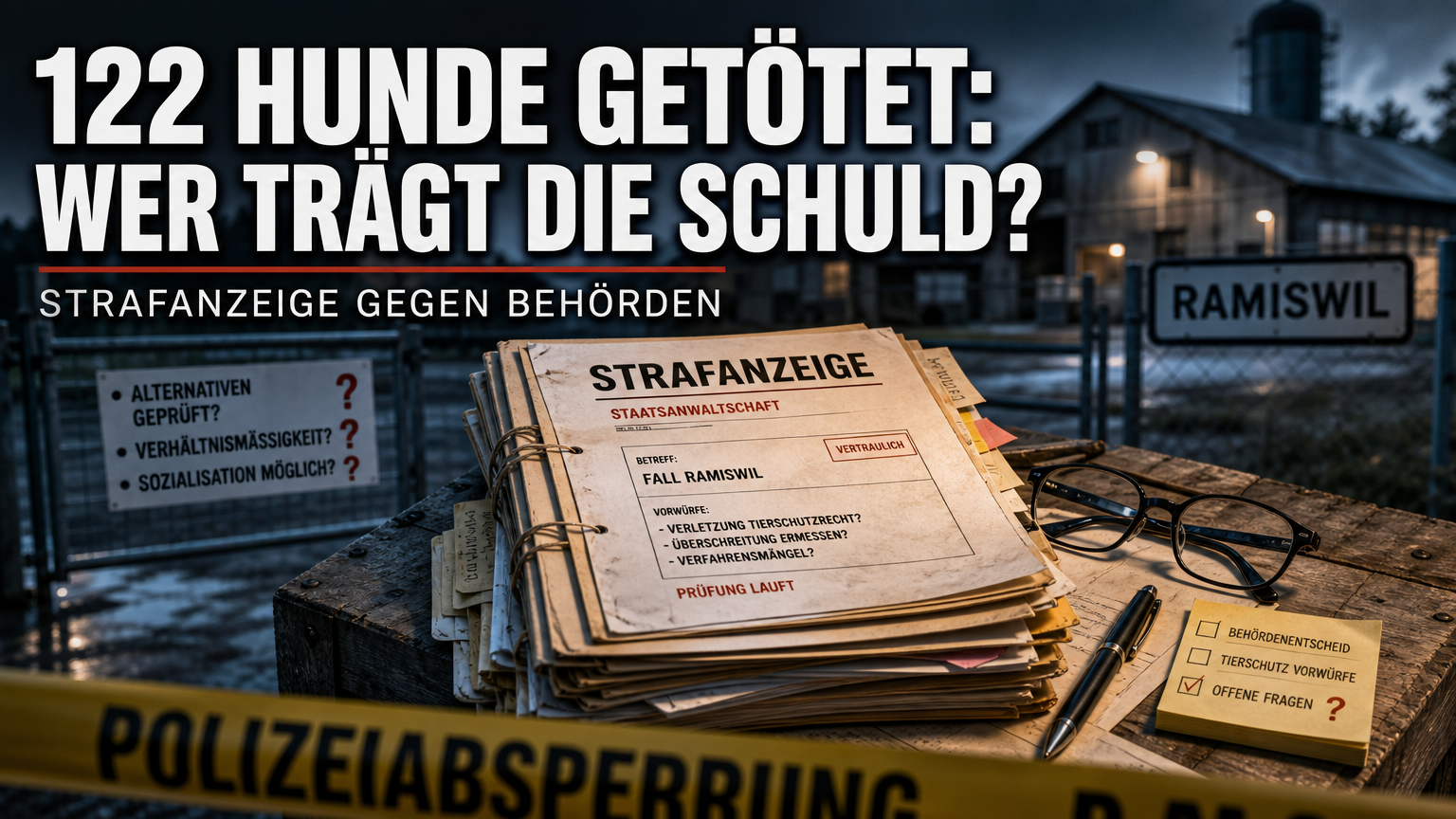 Fall Ramiswil: Schweizer Tierschutz erstattet Strafanzeige gegen Solothurner Behörden 1 Offizielle Dokumente zur Strafanzeige im Fall Ramiswil auf einer Holzkiste vor einem abgesperrten Hofgelände.