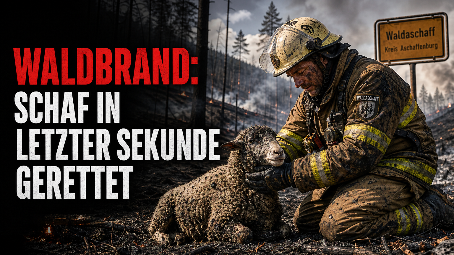 Ein Feuerwehrmann rettet ein verletztes Schaf nach dem verheerenden Waldbrand bei Waldaschaff.