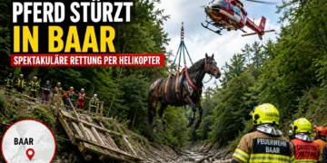 Pferd stürzt in Baar in einen Lorzenzulauf. Feuerwehr und Grosstierrettung bergen das Tier schließlich spektakulär per Helikopter.