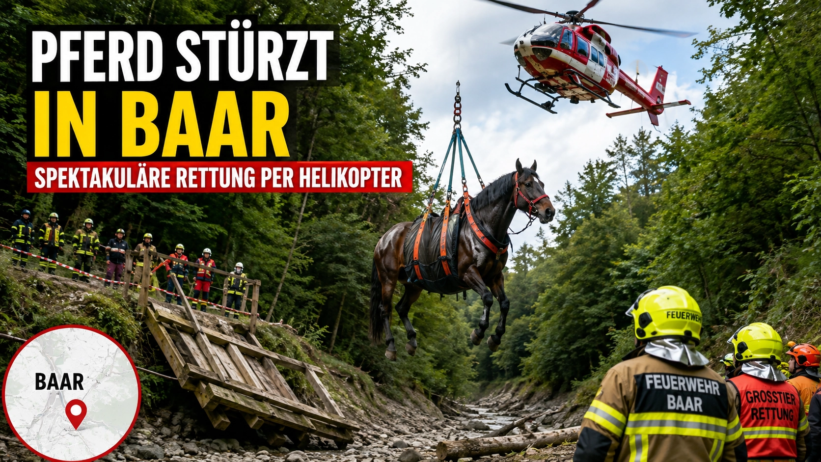 Pferd stürzt in Baar in Lorzenzulauf – spektakuläre Rettung per Helikopter 1 Pferd stürzt in Baar in einen Lorzenzulauf. Feuerwehr und Grosstierrettung bergen das Tier schließlich spektakulär per Helikopter.